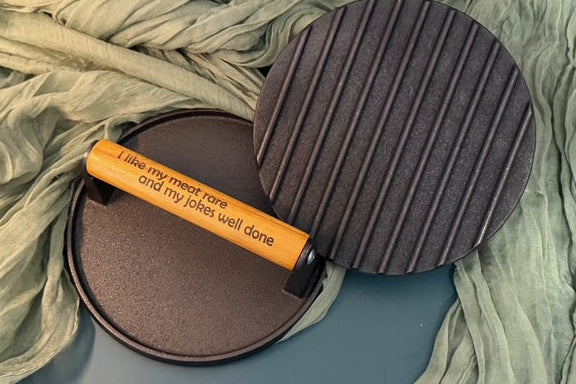Laser Engraved Burger Press | Cast Iron Grill Press | Custom BBQ Gift | JOYA CREATIONS