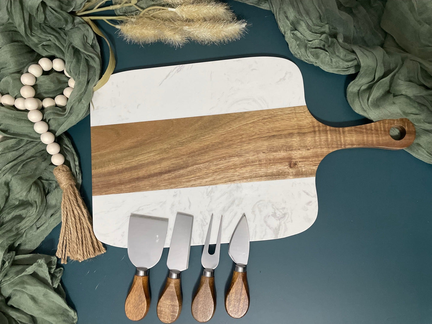 Marble and Acacia Wood Serving Board with Utencils | Joya Creations