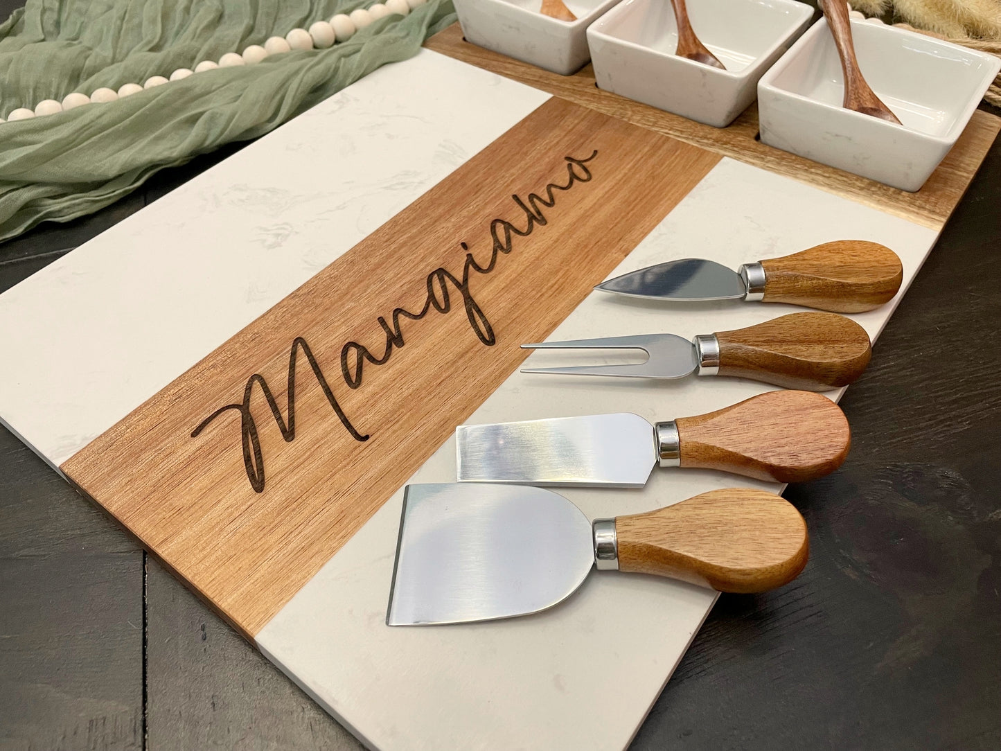 Marble and Acacia Wood Charcuterie Board - 11 Piece Set | Joya Creations