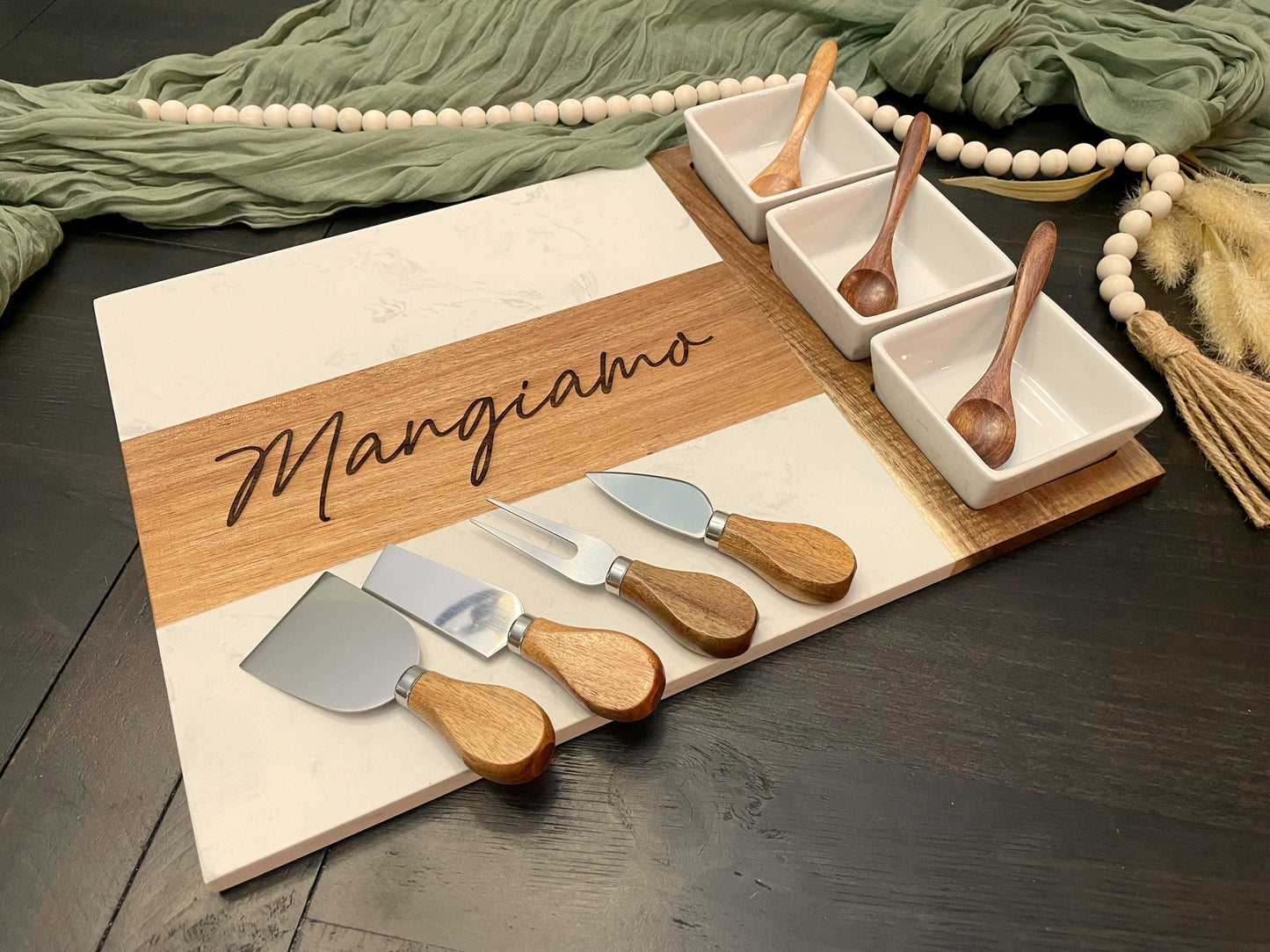 Marble and Acacia Wood Charcuterie Board - 11 Piece Set | Joya Creations
