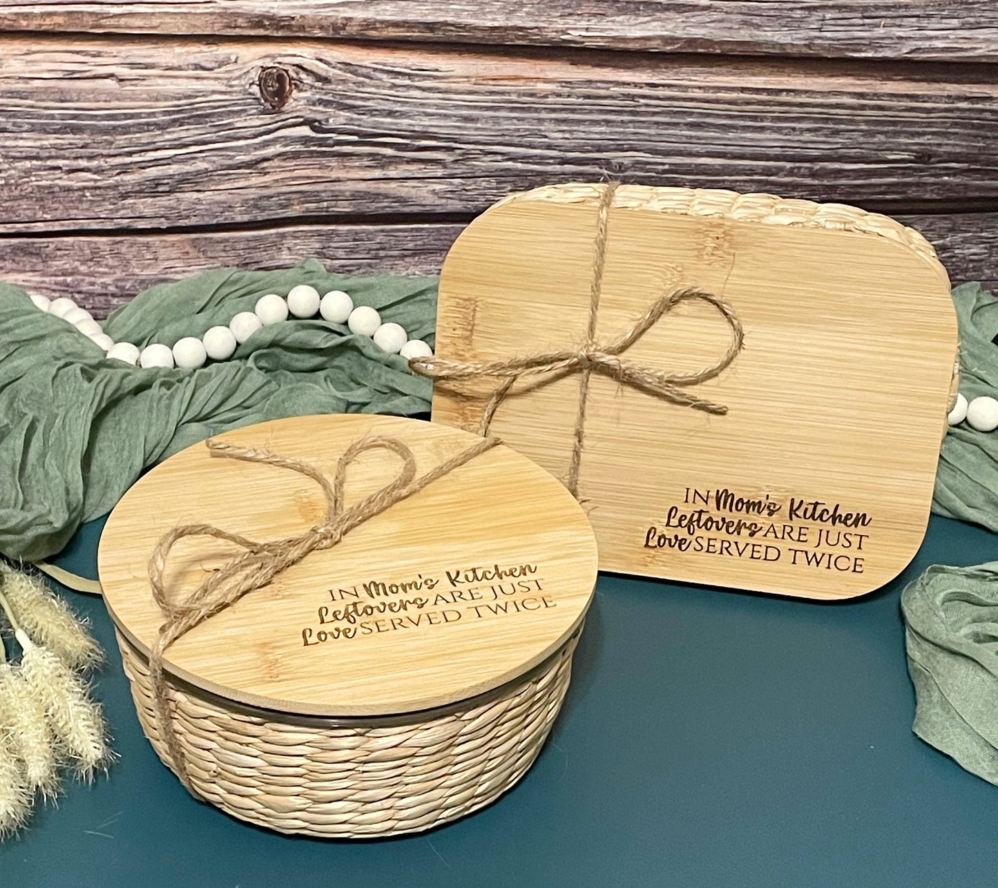 Personalized Glass Dish with Bamboo Lid & Woven Basket – Eco-Friendly, Stylish, and Oven-Safe | Joya Creations