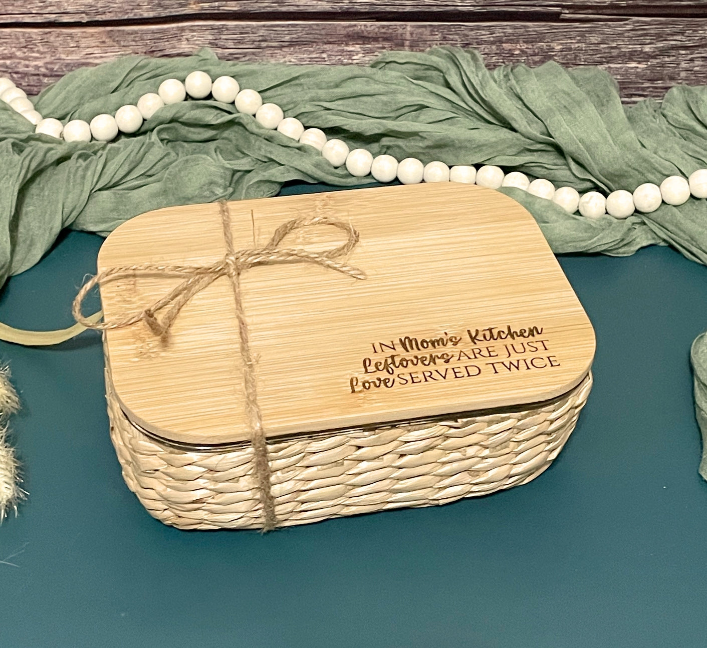 Personalized Glass Dish with Bamboo Lid & Woven Basket – Eco-Friendly, Stylish, and Oven-Safe | Joya Creations