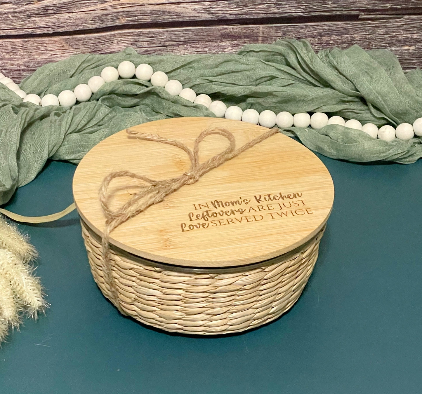Personalized Glass Dish with Bamboo Lid & Woven Basket – Eco-Friendly, Stylish, and Oven-Safe | Joya Creations