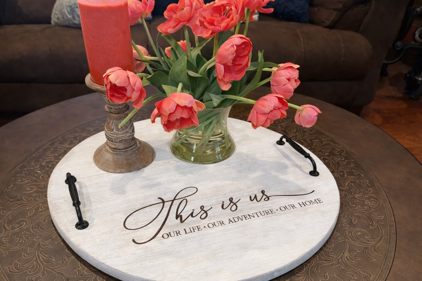 Laser Engraved Whitewash Round Wood Tray with Handles 20x20 | Joya Creations