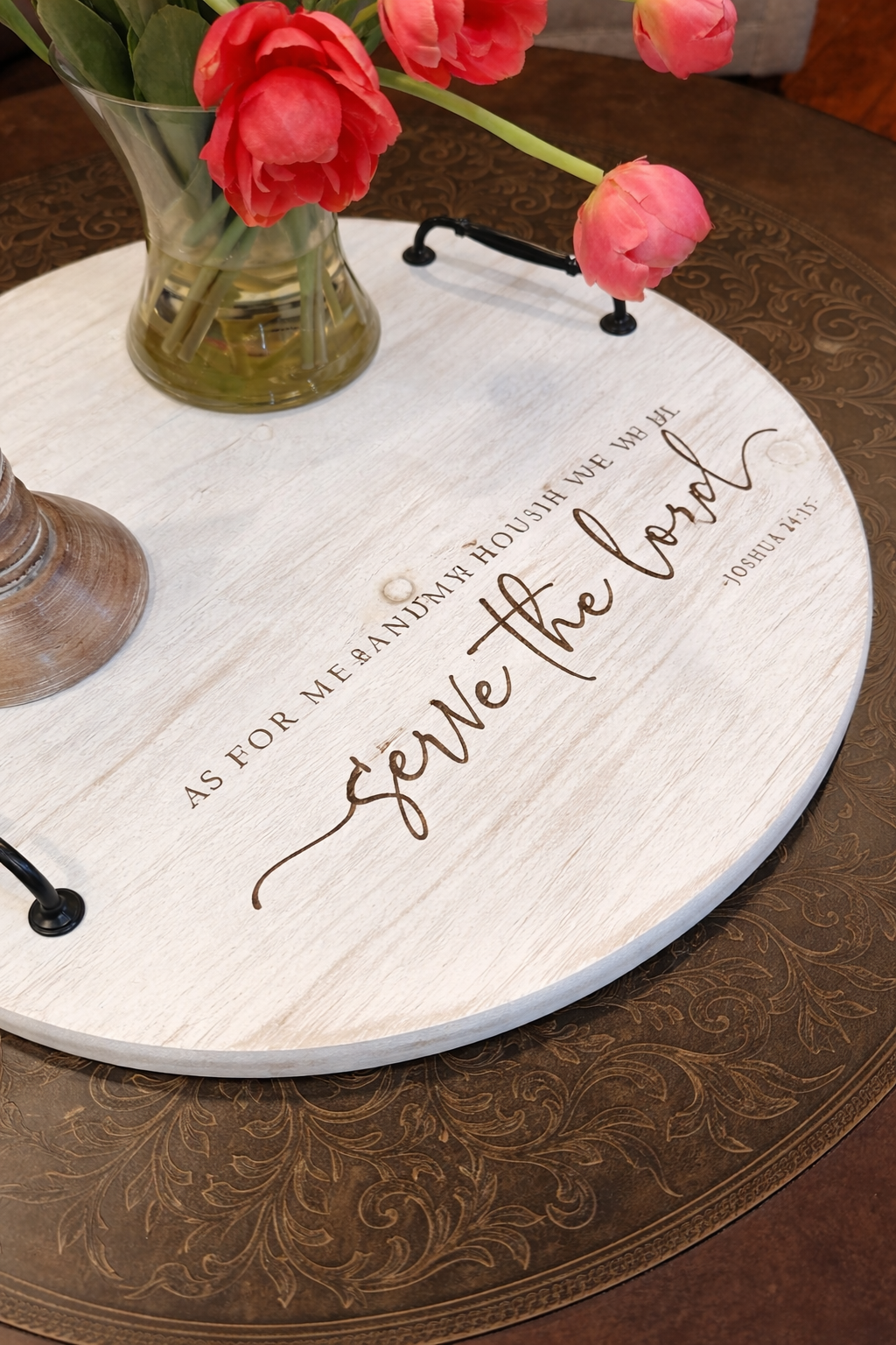 Laser Engraved Whitewash Round Wood Tray with Handles 20x20 | Joya Creations