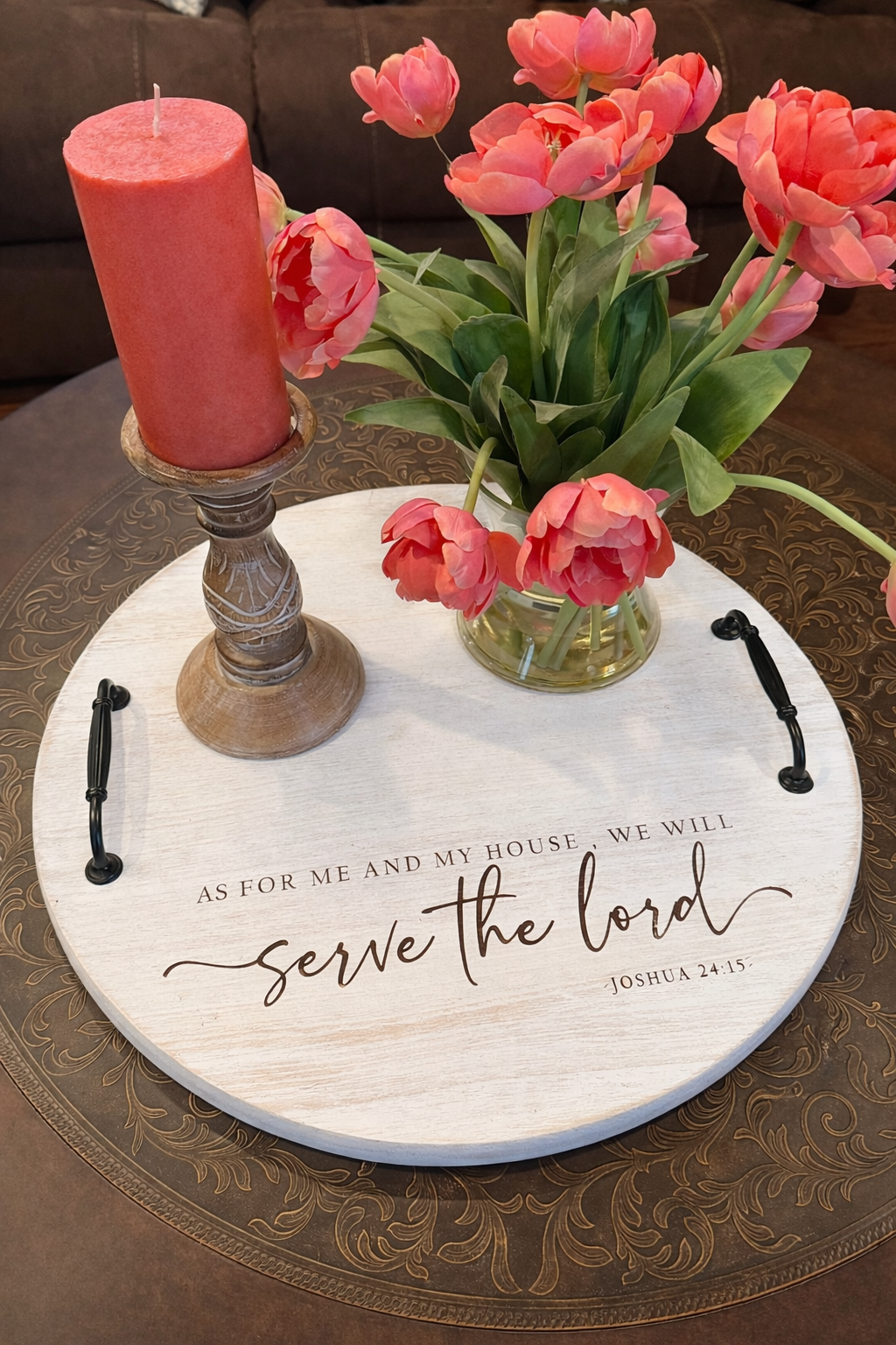 Laser Engraved Whitewash Round Wood Tray with Handles 20x20 | Joya Creations