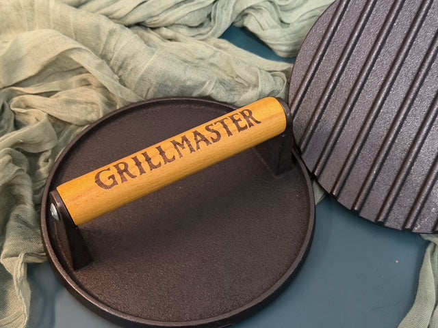 Laser Engraved Burger Press | Cast Iron Grill Press | Custom BBQ Gift | JOYA CREATIONS