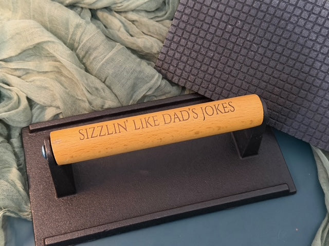 Laser Engraved Burger Press | Cast Iron Grill Press | Custom BBQ Gift | JOYA CREATIONS