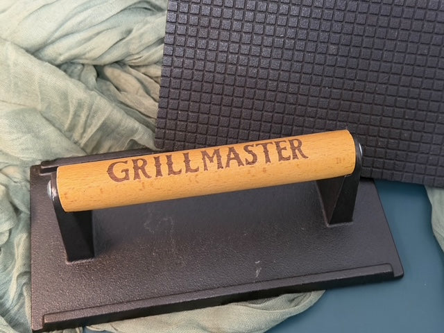 Laser Engraved Burger Press | Cast Iron Grill Press | Custom BBQ Gift | JOYA CREATIONS