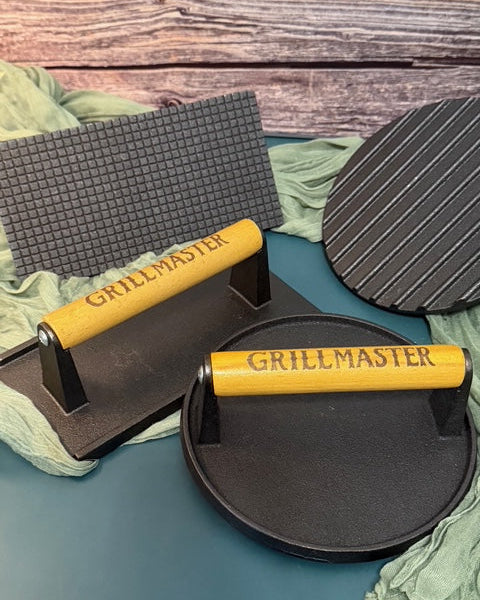 Laser Engraved Burger Press | Cast Iron Grill Press | Custom BBQ Gift | JOYA CREATIONS