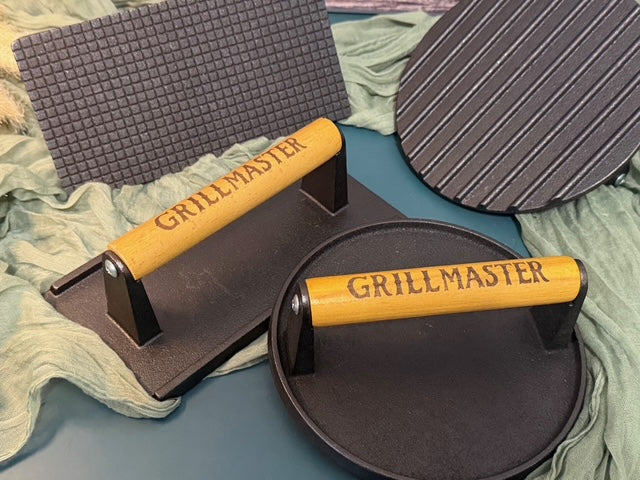 Laser Engraved Burger Press | Cast Iron Grill Press | Custom BBQ Gift | JOYA CREATIONS