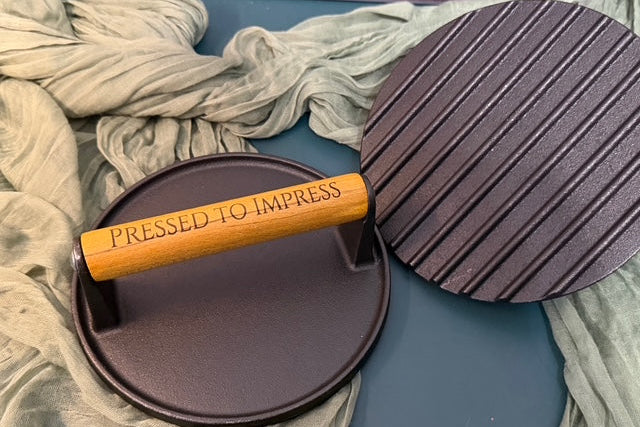 Laser Engraved Burger Press | Cast Iron Grill Press | Custom BBQ Gift | JOYA CREATIONS