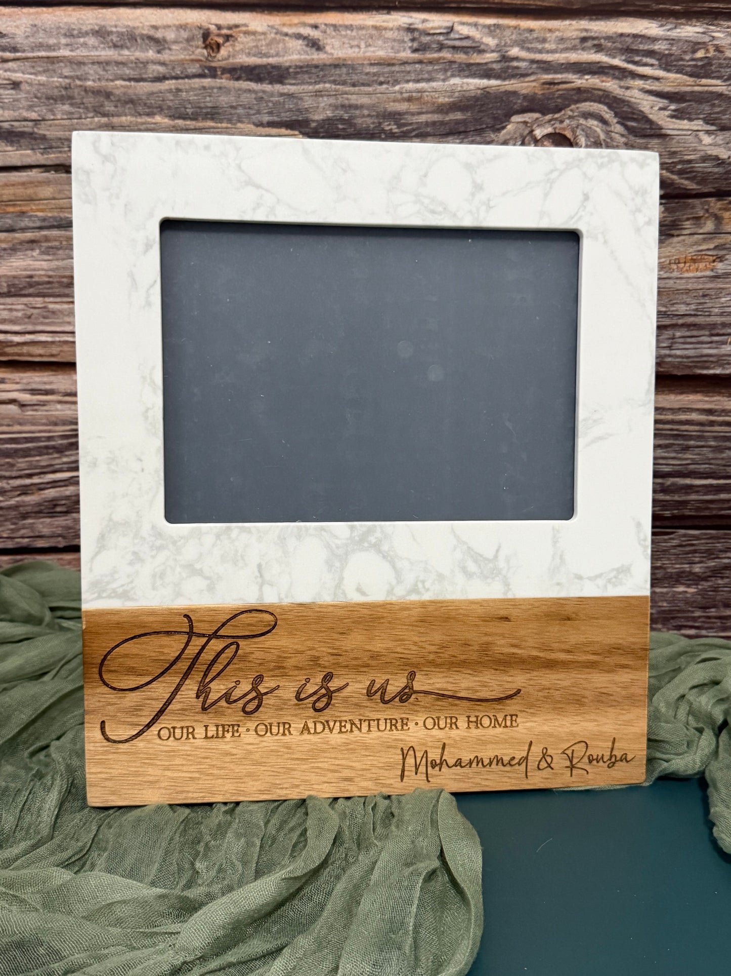 Personalized Marble & Acacia Wood Picture Frame | Laser Engraved 5x7 Custom Photo Frame | Joya Creations