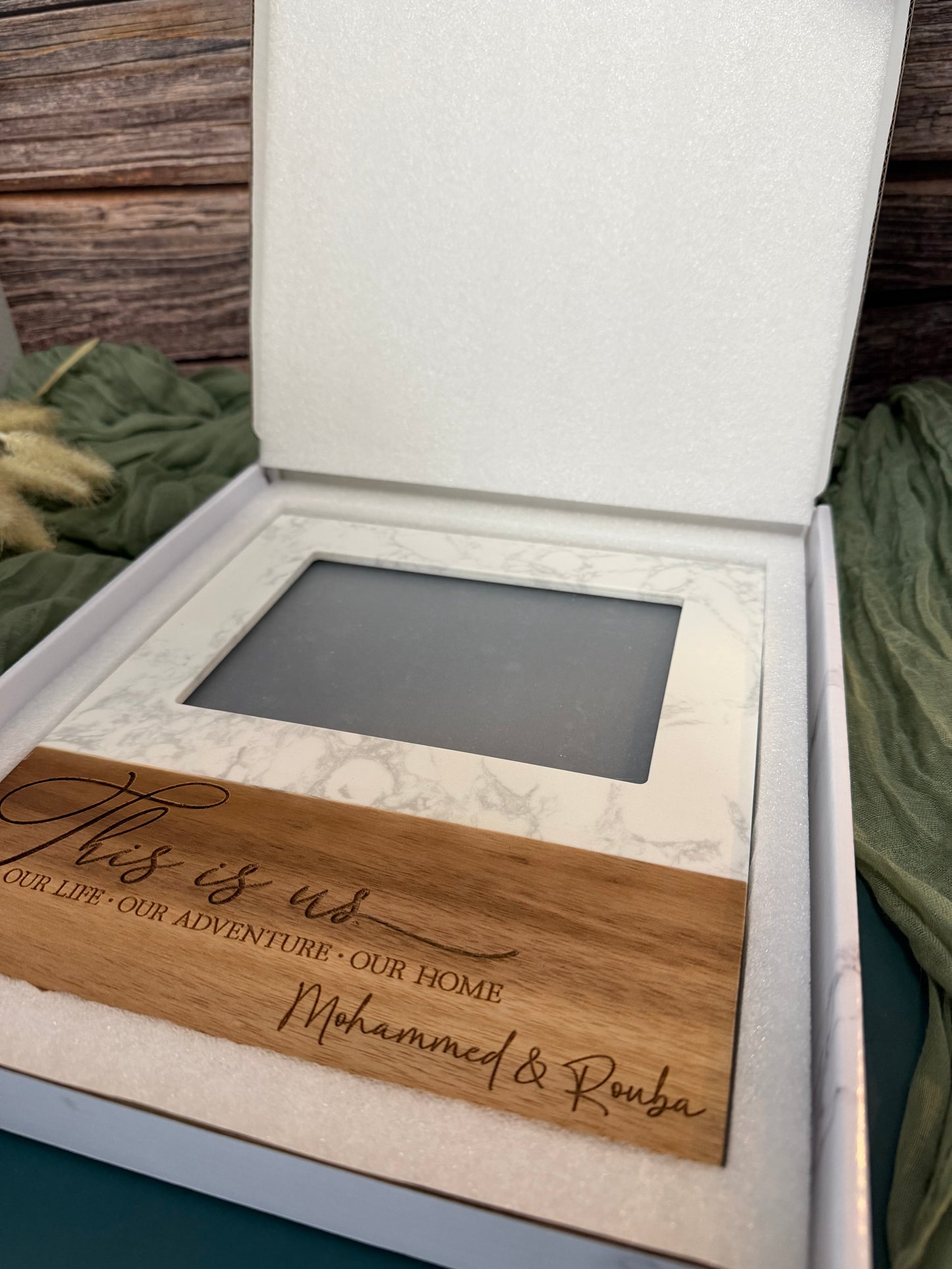 Personalized Marble & Acacia Wood Picture Frame | Laser Engraved 5x7 Custom Photo Frame | Joya Creations