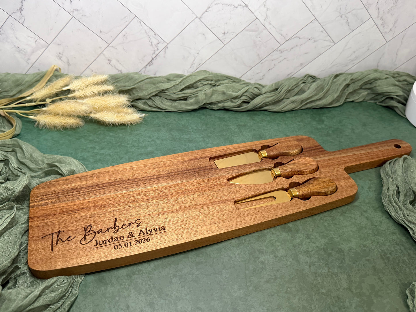 Personalized Acacia Wood Charcuterie Board with Gold Utensils | Joya Creations