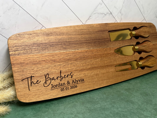 Personalized Acacia Wood Charcuterie Board with Gold Utensils | Joya Creations