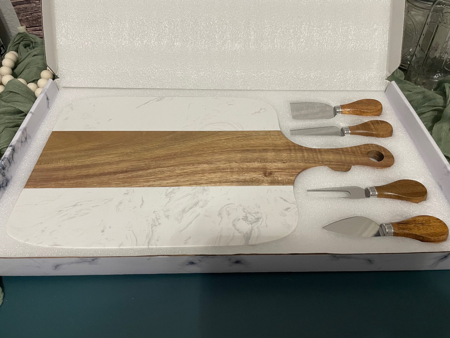 Marble and Acacia Wood Serving Board with Utencils | Joya Creations