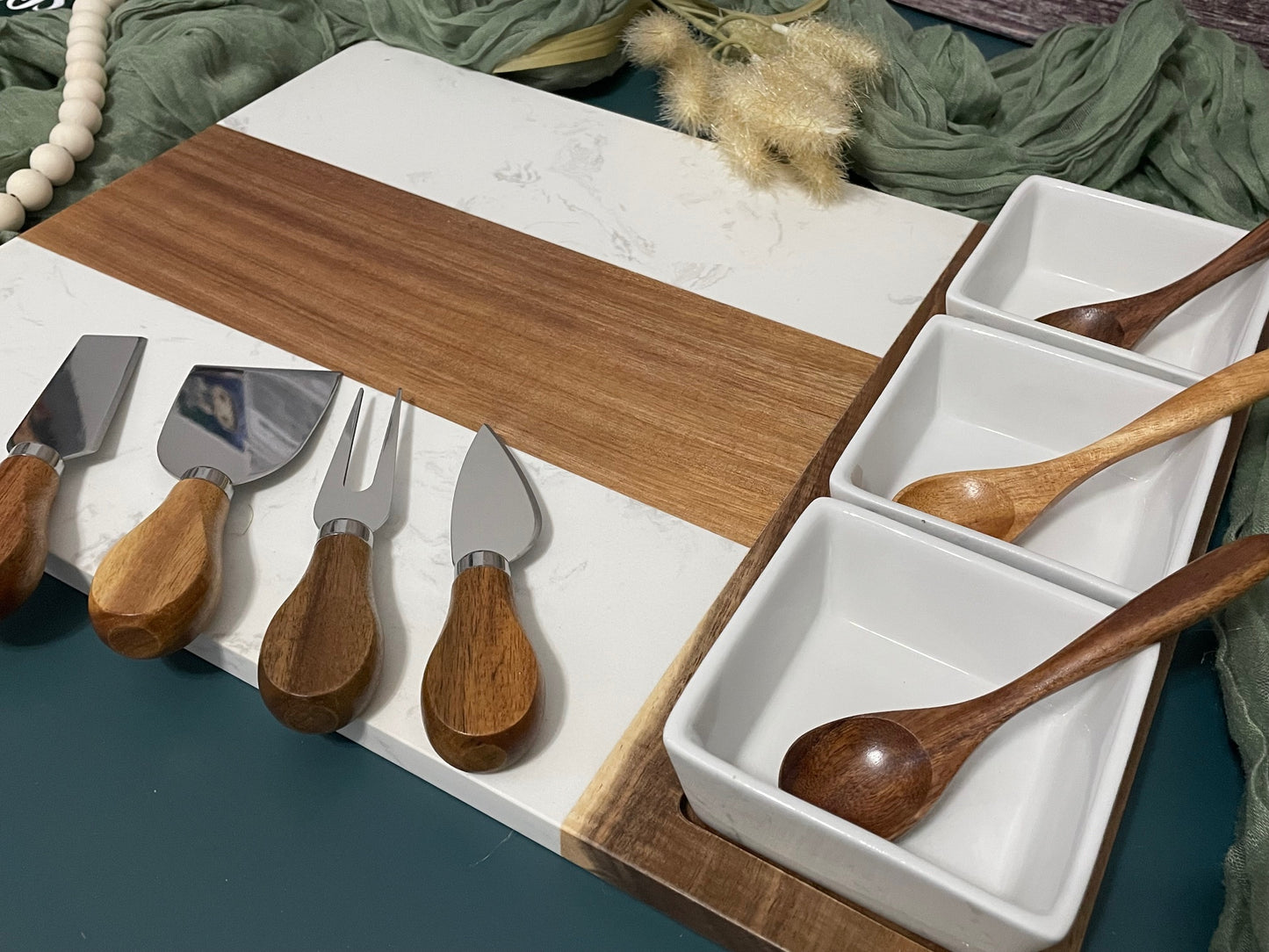 Marble and Acacia Wood Charcuterie Board - 11 Piece Set | Joya Creations