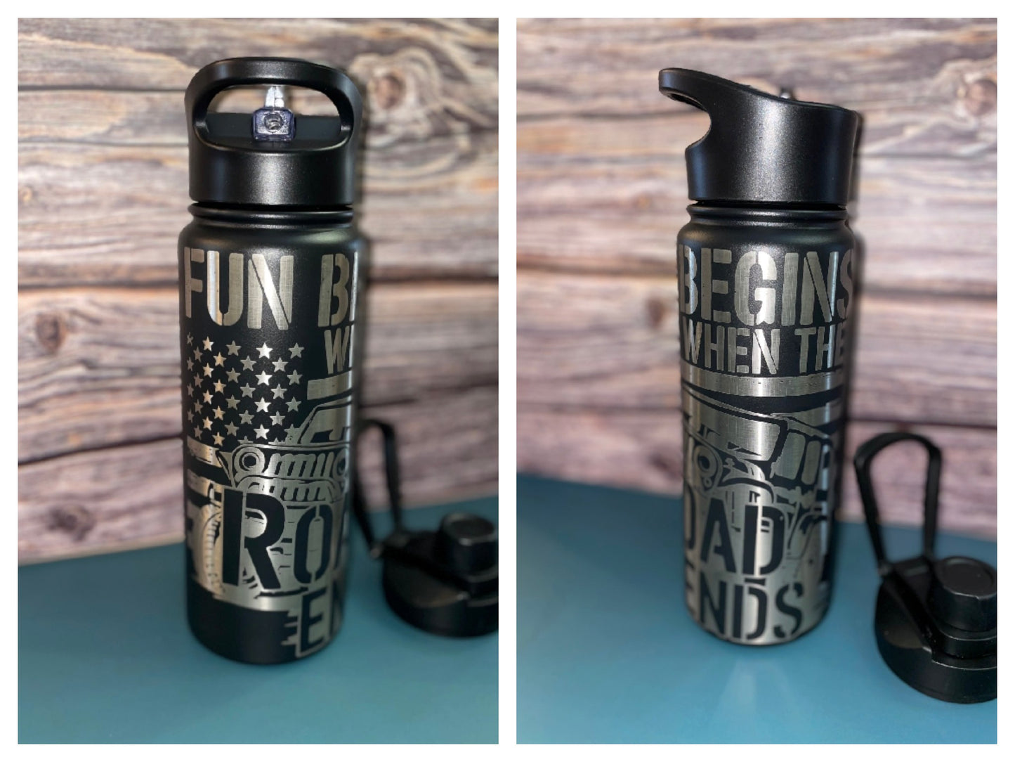 FUN BEGINS WHEN THE ROAD ENDS JEEP Water Bottle Tumbler  | Joya Creations